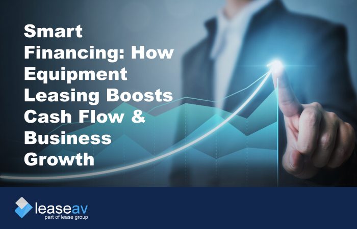 Cover image showing a man in suit in background with a business trajectory chart to illustrate how equipment leasing boosts cash flow and business growth