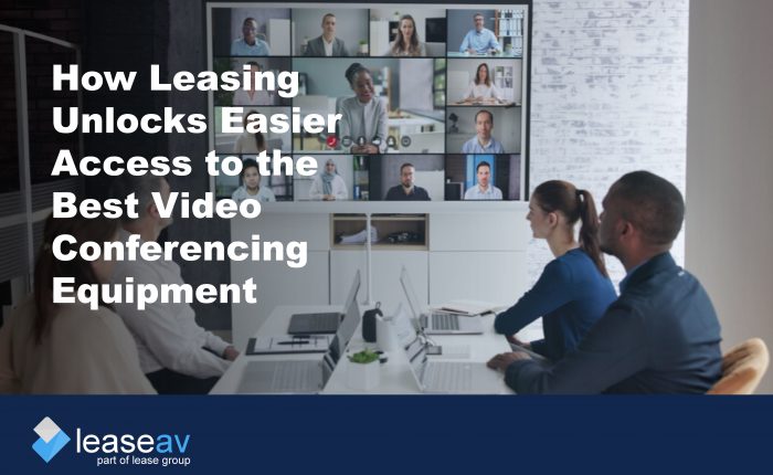 Image of a team in an office on a conference call to illustrate the benefits of leasing to upgrade video conferencing equipment