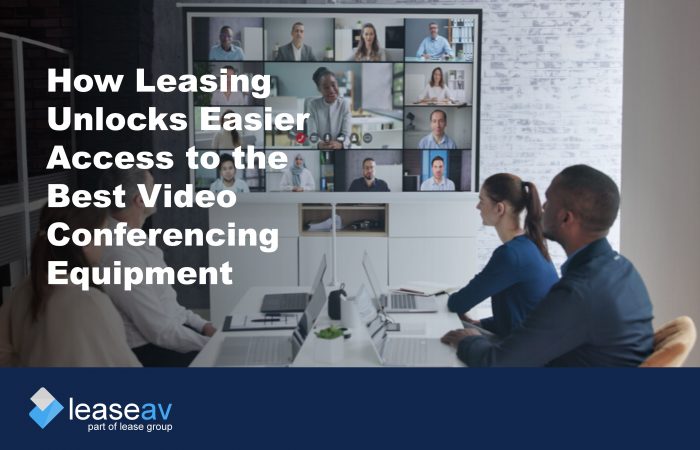 Image of a team in an office on a conference call to illustrate the benefits of leasing to upgrade video conferencing equipment