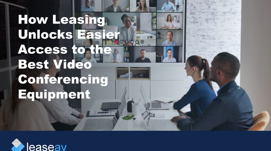 Image of a team in an office on a conference call to illustrate the benefits of leasing to upgrade video conferencing equipment