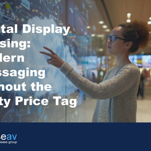 Image of woman touching interactive digital display screen to illustrate the benefits of digital display leasing
