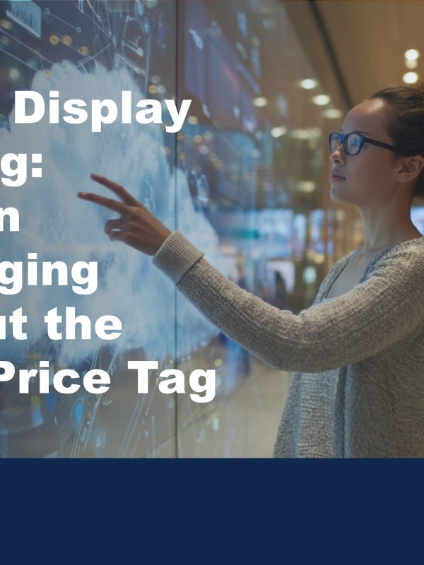 Image of woman touching interactive digital display screen to illustrate the benefits of digital display leasing